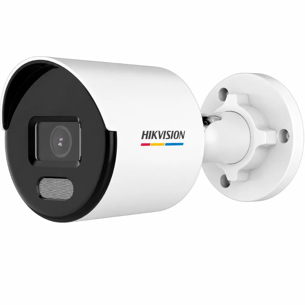 Hikvision DS-2CD1027G2-L 2MP ColorVu IP Bullet Camera with 4.4mm fixed lens shown in front left angle for outdoor surveillance.