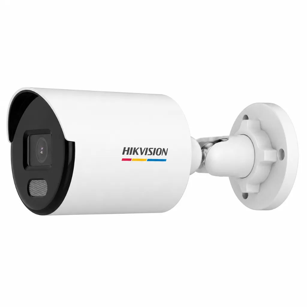 Left angle view of Hikvision DS-2CD1027G2-L 2MP ColorVu IP Bullet Camera with weatherproof IP67 housing for indoor and outdoor surveillance.