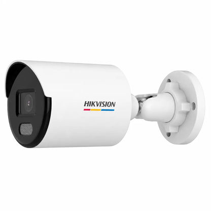 Left angle view of Hikvision DS-2CD1027G2-L 2MP ColorVu IP Bullet Camera with weatherproof IP67 housing for indoor and outdoor surveillance.