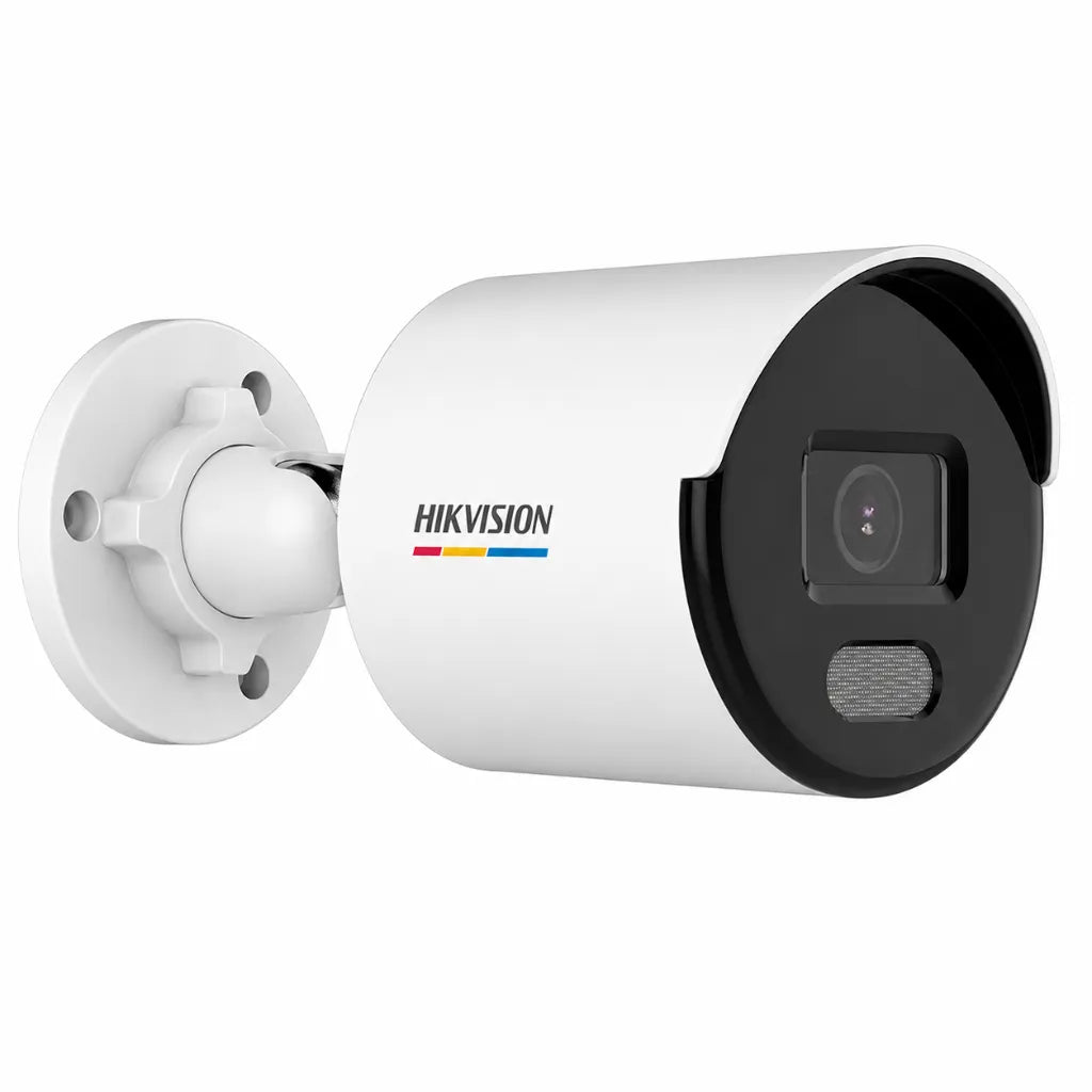 Perspective view of Hikvision DS-2CD1027G2-L 2MP ColorVu IP Bullet Camera with 4.4mm fixed lens for reliable full-color day and night surveillance.