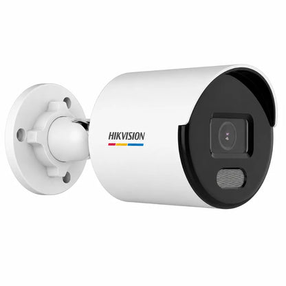 Perspective view of Hikvision DS-2CD1027G2-L 2MP ColorVu IP Bullet Camera with 4.4mm fixed lens for reliable full-color day and night surveillance.