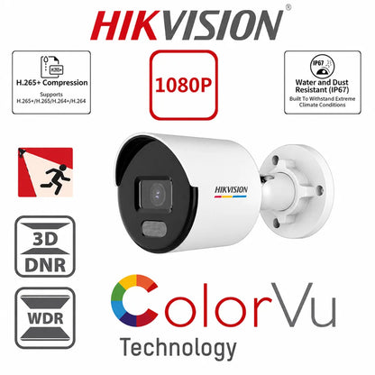 Hikvision DS-2CD1027G2-L ColorVu IP Bullet Camera feature image highlighting 1080P resolution, H.265+ compression, IP67 protection, WDR and 3D DNR technologies.