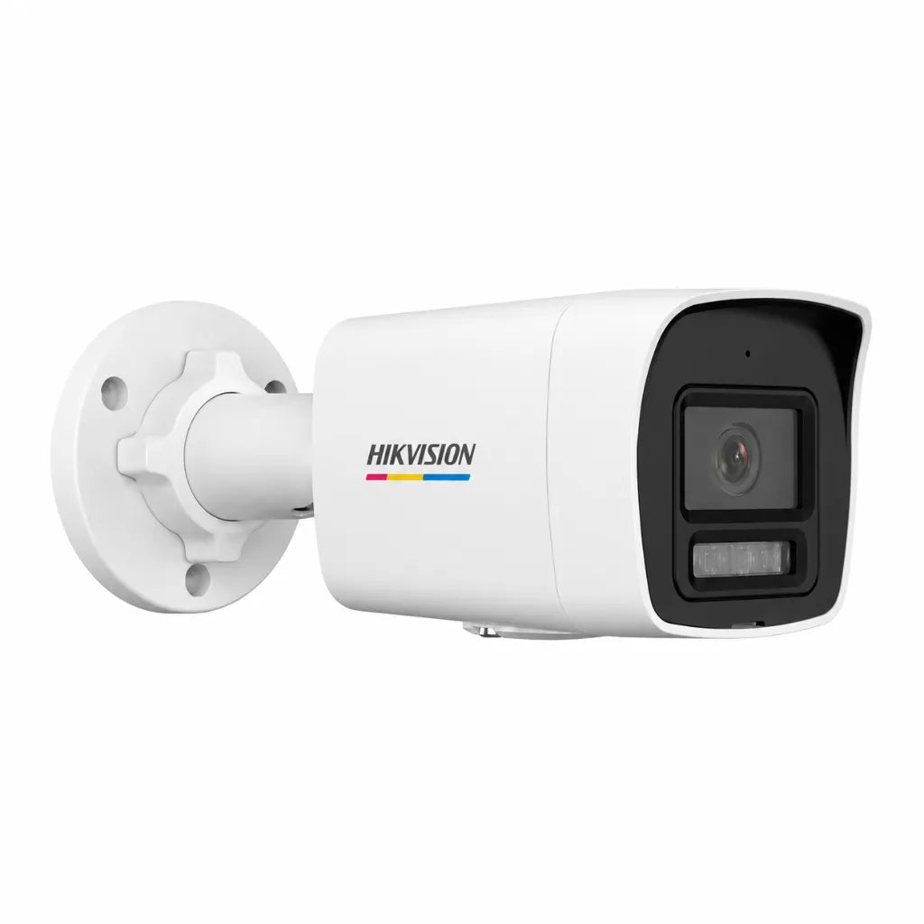 Front right view of Hikvision DS-2CD1027G2H-LIU 2MP IP Bullet Camera featuring Smart Hybrid Light, built-in microphone, and IP67 weatherproof design.