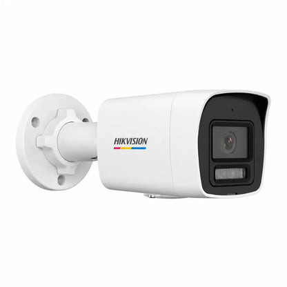 Front right view of Hikvision DS-2CD1027G2H-LIU 2MP IP Bullet Camera featuring Smart Hybrid Light, built-in microphone, and IP67 weatherproof design.