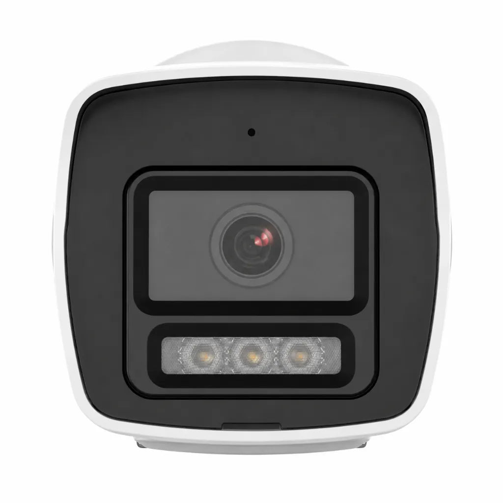 Front view of Hikvision DS-2CD1027G2H-LIU 2MP IP Bullet Camera showing the camera lens and Smart Hybrid Light LEDs.
