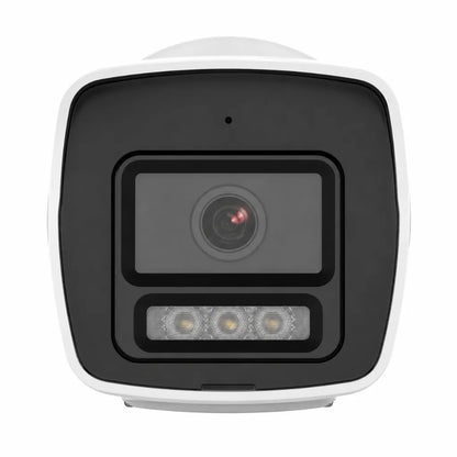 Front view of Hikvision DS-2CD1027G2H-LIU 2MP IP Bullet Camera showing the camera lens and Smart Hybrid Light LEDs.