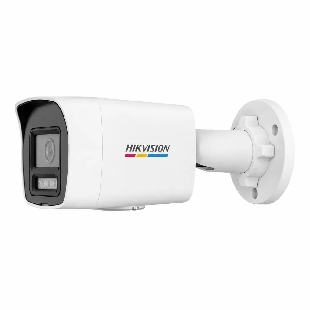 Rear left angle of Hikvision DS-2CD1027G2H-LIU Full HD 2MP IP Bullet Camera with adjustable wall mounting bracket.