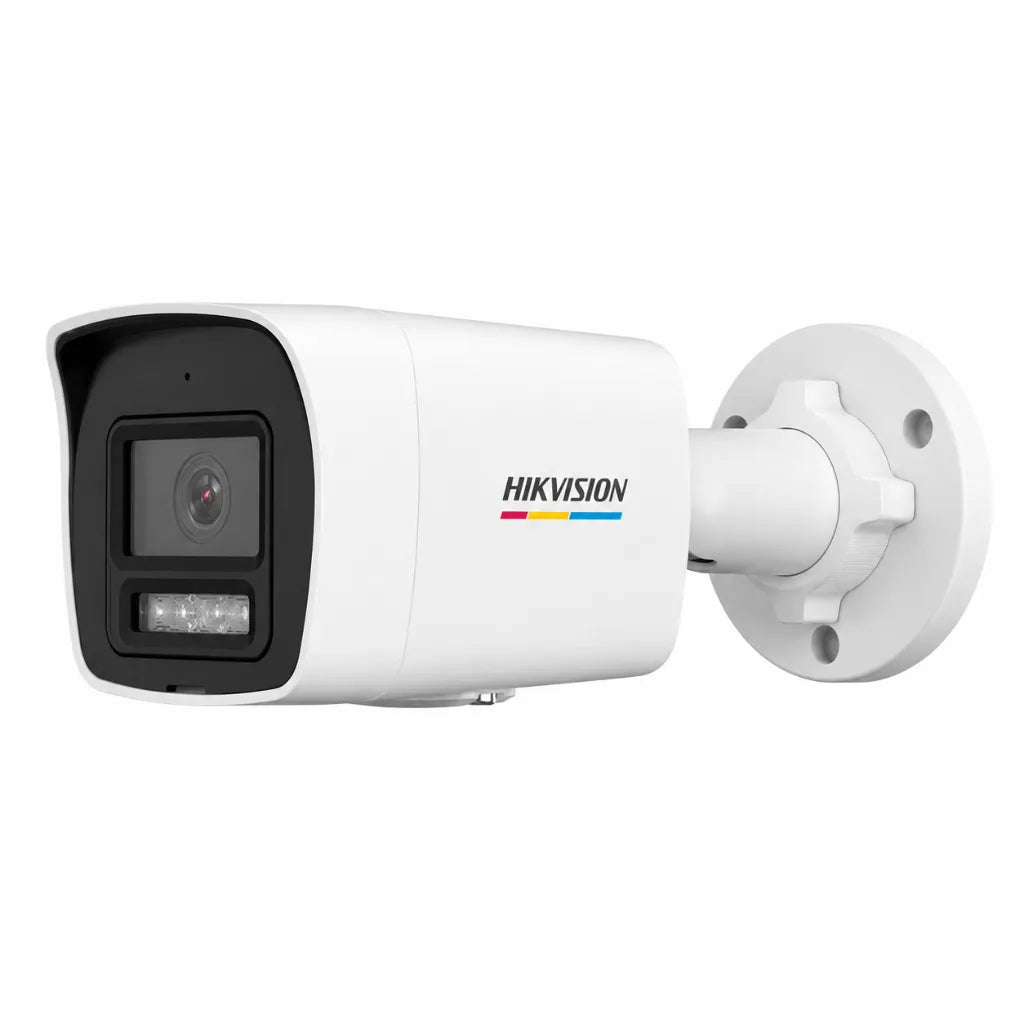 Left side profile of Hikvision DS-2CD1027G2H-LIU outdoor 2MP IP Bullet Camera with adjustable mounting arm and Smart Hybrid Light.