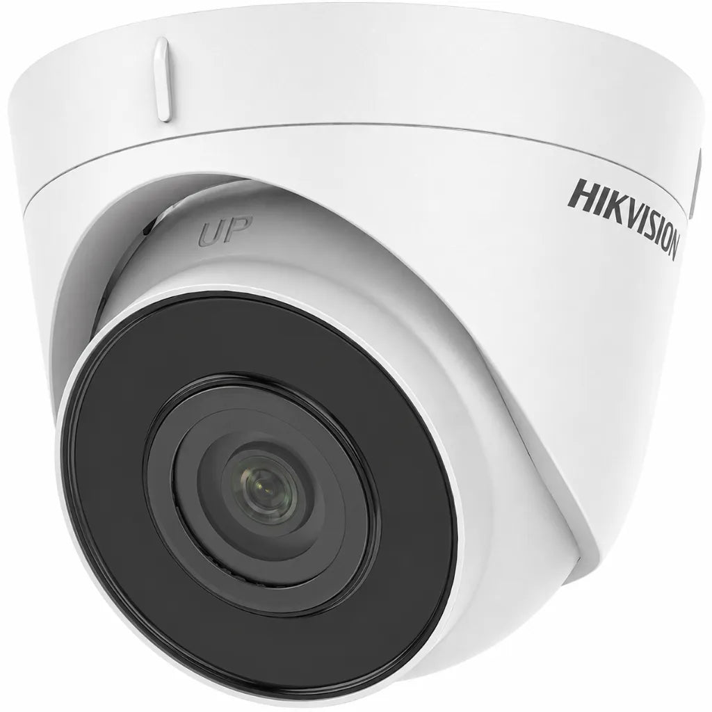 Hikvision DS-2CD1323G0E-I 2MP IP turret security camera front left angle with fixed lens and white IP67 housing.