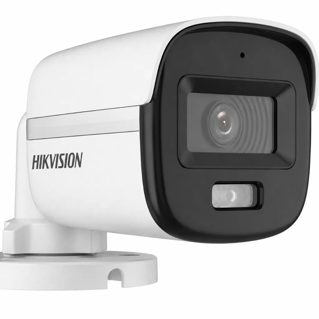 Close-up view of Hikvision DS-2CE10DF0T-PFS ColorVu Bullet Camera highlighting the HD lens and white light module.
