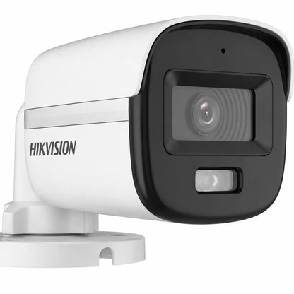 Close-up view of Hikvision DS-2CE10DF0T-PFS ColorVu Bullet Camera highlighting the HD lens and white light module.