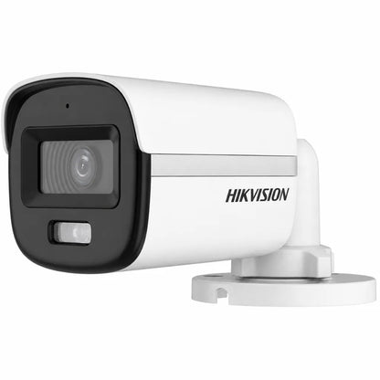 Hikvision DS-2CE10DF0T-PFS 2MP ColorVu Audio Bullet Camera front left angle with built-in microphone and white light.