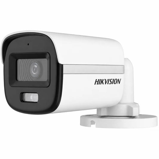Hikvision DS-2CE10DF0T-PFS 2MP ColorVu Audio Bullet Camera front left angle with built-in microphone and white light.