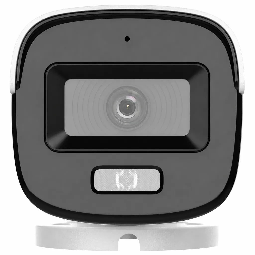 Front view of Hikvision DS-2CE10DF0T-PFS 2MP ColorVu Bullet Camera showing lens, built-in microphone and white light illuminator.