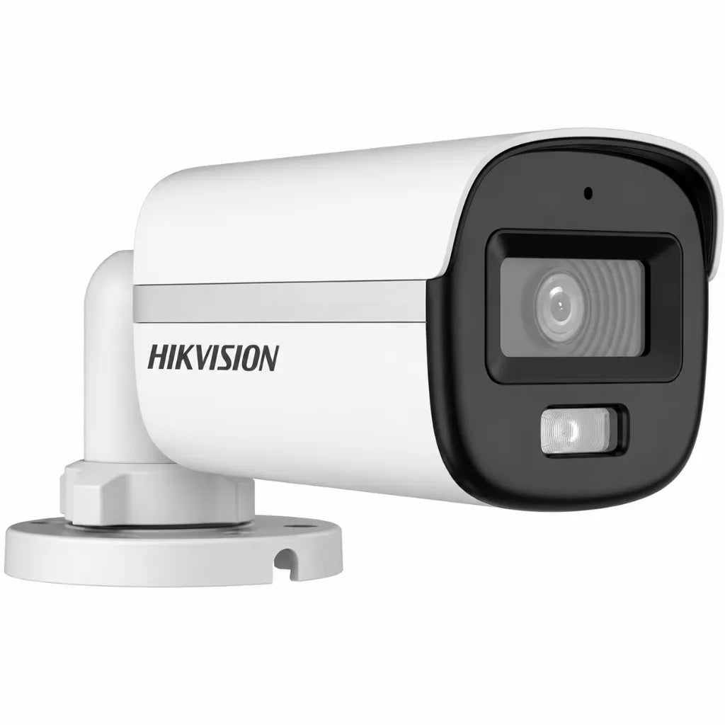 Right side perspective of Hikvision DS-2CE10DF0T-PFS 2MP ColorVu Bullet Camera with IP67 outdoor housing.