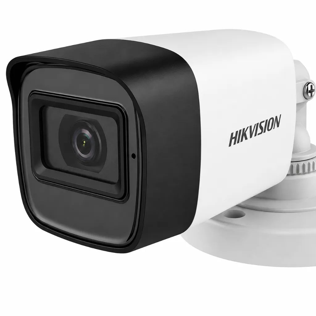 Close-up of Hikvision DS-2CE16D0T-ITPFS 2MP Audio Bullet Camera lens featuring Full HD imaging, Smart IR and built-in microphone