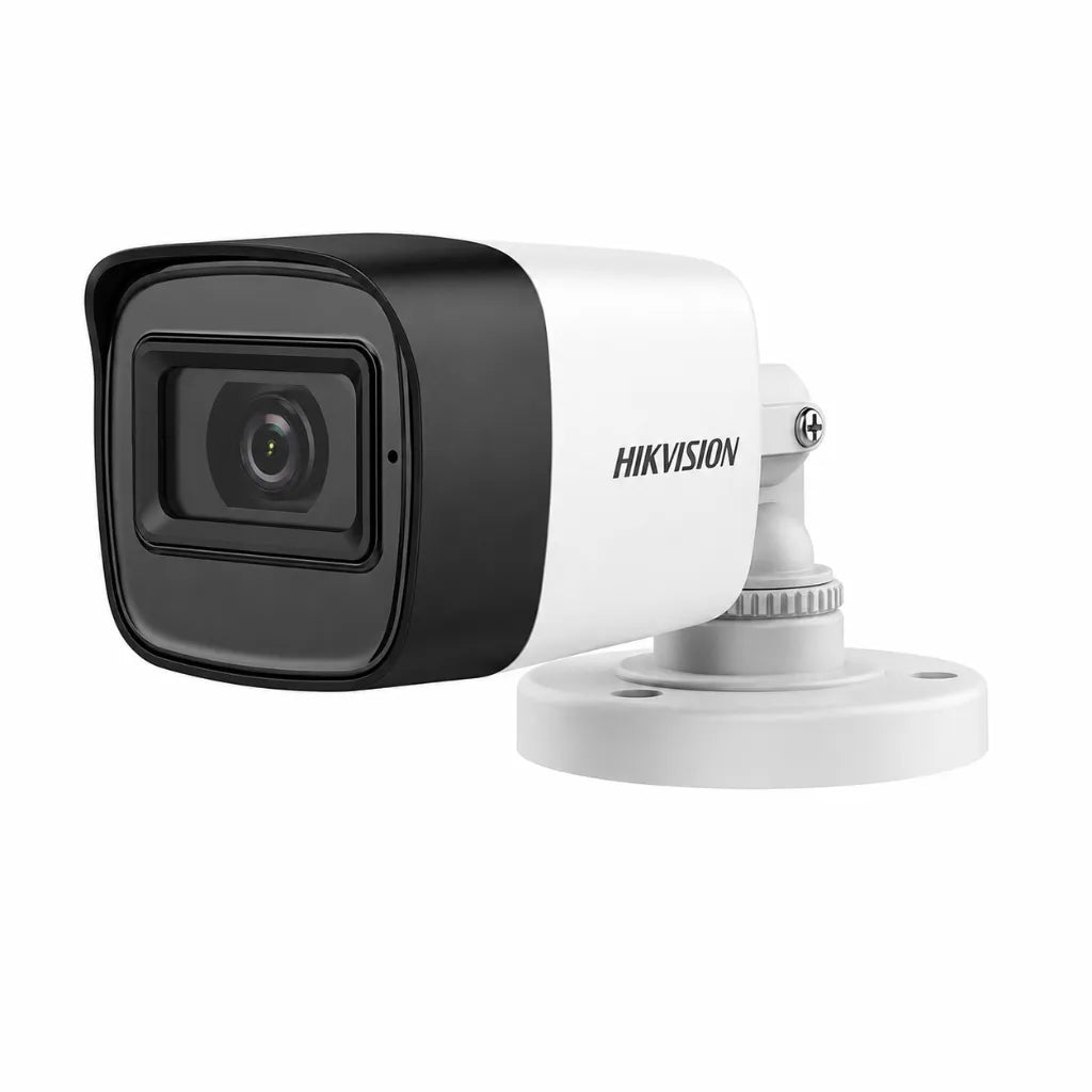 Hikvision DS-2CE16D0T-ITPFS 2MP Audio Bullet CCTV Camera front left angle with built-in microphone and IP67 weatherproof housing