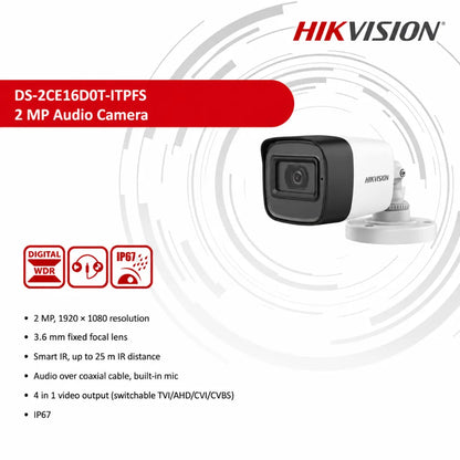 Hikvision DS-2CE16D0T-ITPFS 2MP Audio Camera feature banner showing Full HD resolution, Smart IR 25m, built-in microphone and IP67 protection