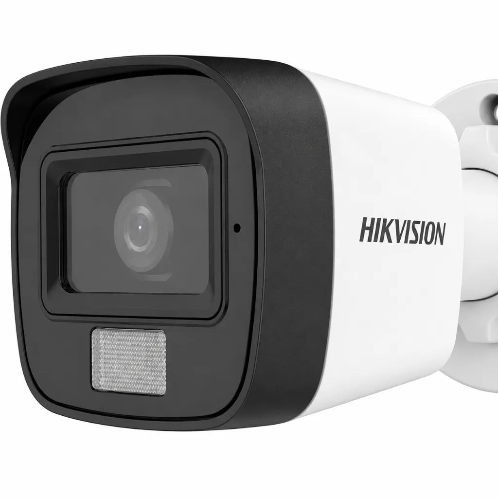 Close-up of Hikvision DS-2CE16D0T-LPFS camera lens with Smart Hybrid Light and built-in microphone for Full HD surveillance.