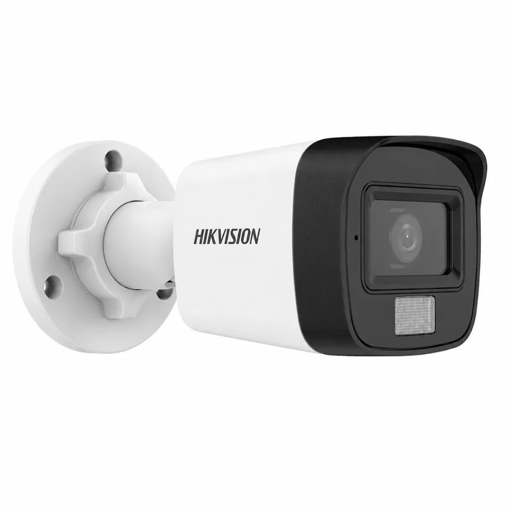 Hikvision DS-2CE16D0T-LPFS Full HD 2MP bullet CCTV camera front left angle showing Smart Hybrid Light and fixed lens.