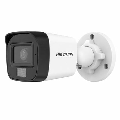 Hikvision DS-2CE16D0T-LPFS 2MP Dual Light Audio Fixed Mini Bullet Camera front right angle view with Smart Hybrid Light and built-in microphone.