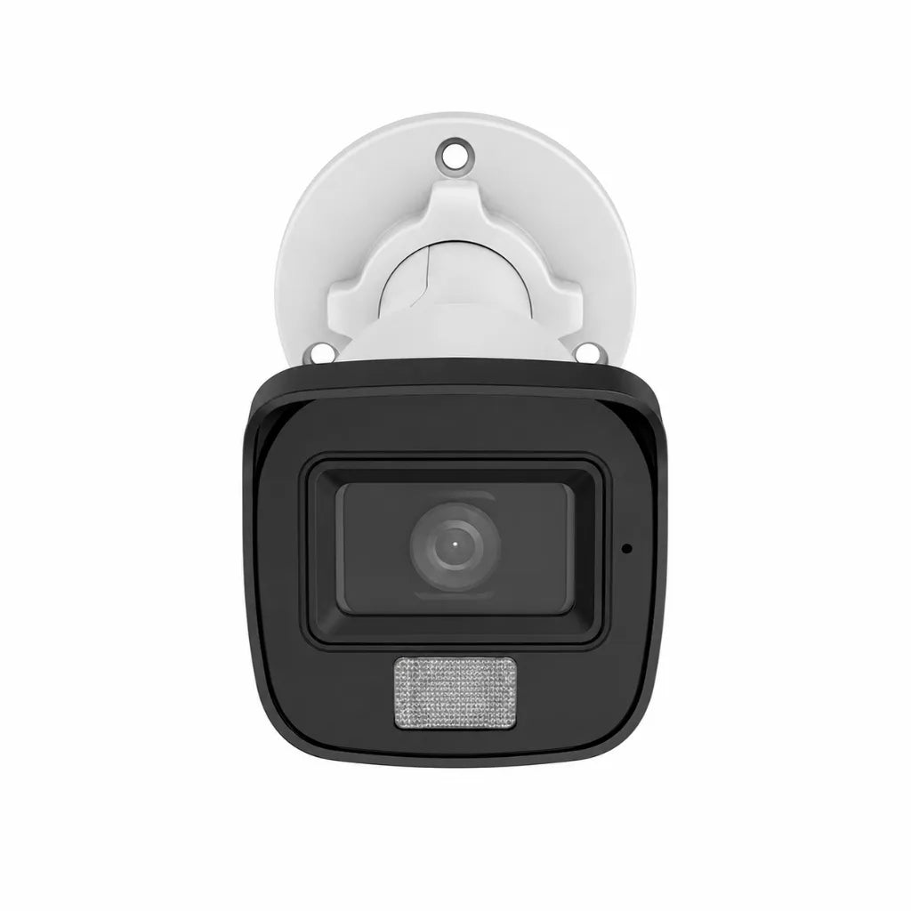 Front view of Hikvision DS-2CE16D0T-LPFS 2MP Dual Light Audio Bullet Camera with Full HD lens and Smart Hybrid Light.