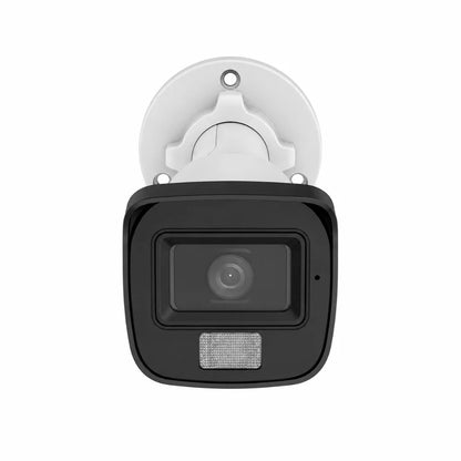 Front view of Hikvision DS-2CE16D0T-LPFS 2MP Dual Light Audio Bullet Camera with Full HD lens and Smart Hybrid Light.