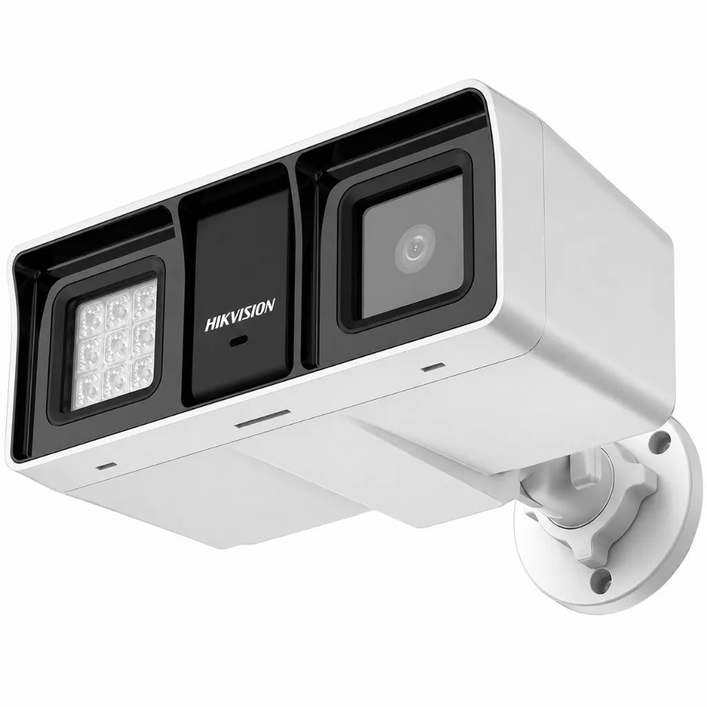 Hikvision DS-2CE18D0T-LFS 2MP Dual Light Audio Bullet CCTV Camera front left angle view with Smart Hybrid Light and built-in microphone.