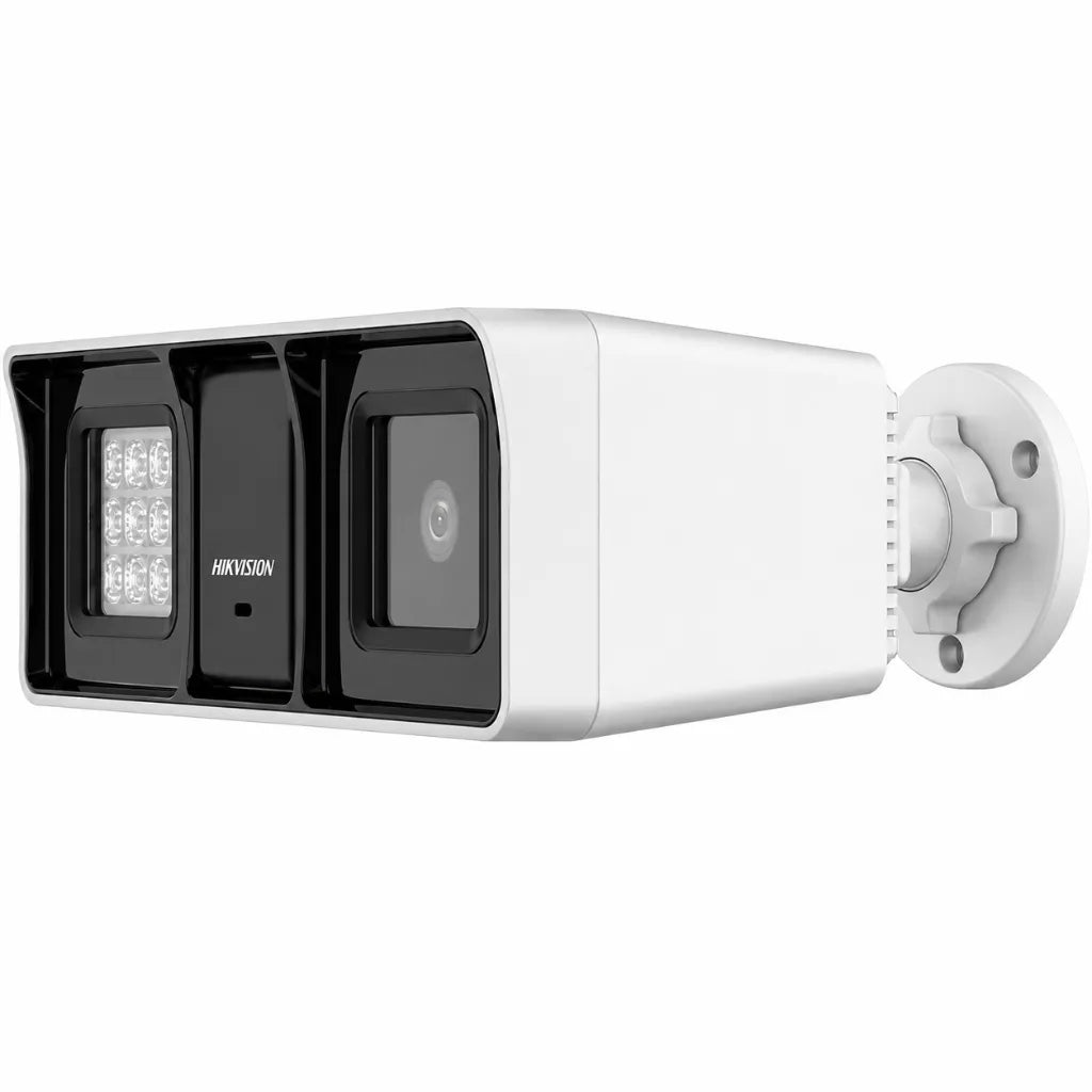 Rear right perspective of Hikvision DS-2CE18D0T-LFS IP67 weather-resistant audio bullet CCTV camera with adjustable wall mount.