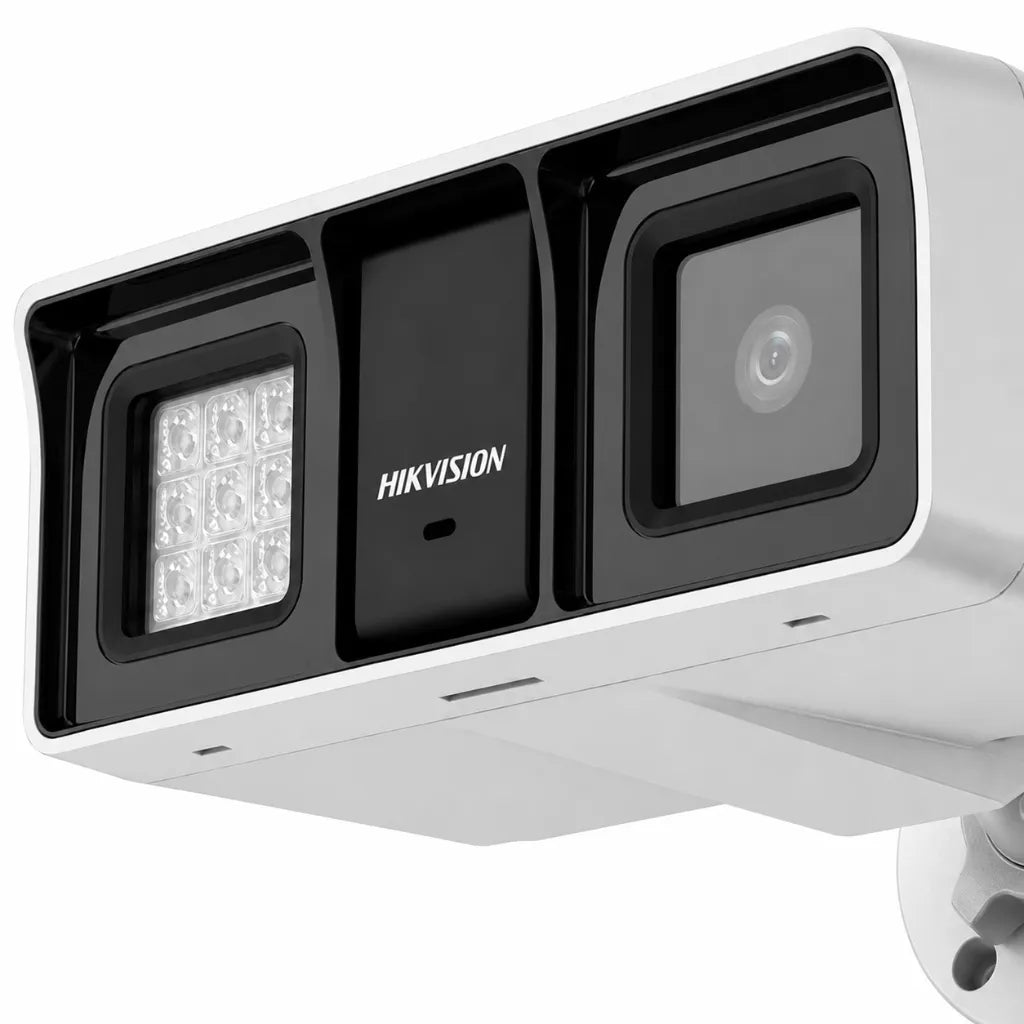 Close-up of Hikvision DS-2CE18D0T-LFS Dual Light Audio Bullet Camera highlighting the Full HD lens, Smart Hybrid Light LEDs and built-in microphone.