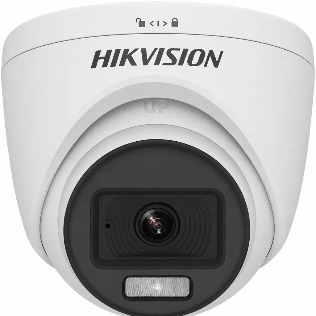 Center front view of HIKVISION DS-2CE70DF0T-PFS 2MP ColorVu indoor fixed turret CCTV camera for full-color day and night surveillance.