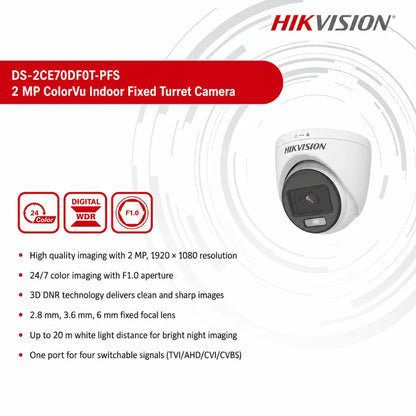 HIKVISION DS-2CE70DF0T-PFS product feature banner highlighting 2MP Full HD, ColorVu technology, Digital WDR, F1.0 aperture, 20 m white light and 4-in-1 video output.