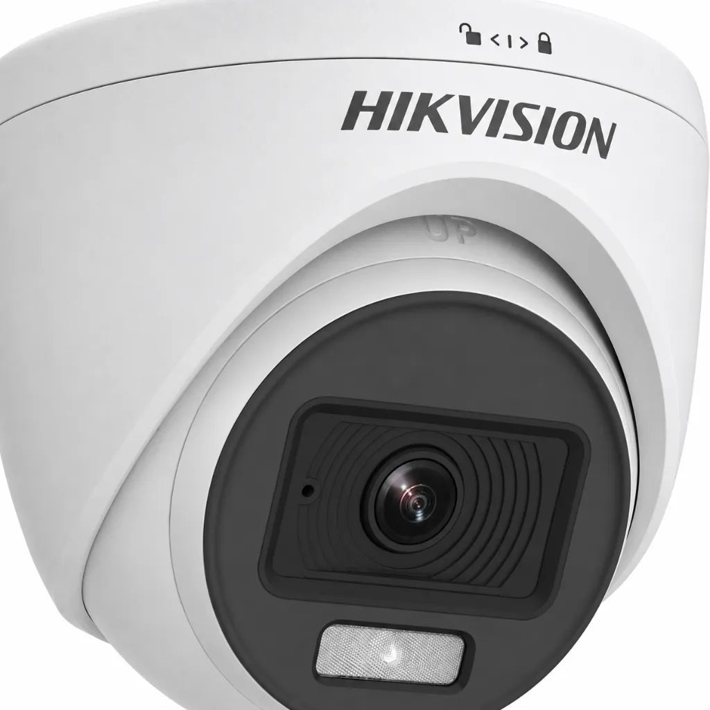 HIKVISION DS-2CE70DF0T-PFS 2MP ColorVu indoor fixed turret CCTV camera front close-up with Full HD lens and white light.