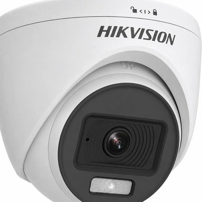 HIKVISION DS-2CE70DF0T-PFS 2MP ColorVu indoor fixed turret CCTV camera front close-up with Full HD lens and white light.