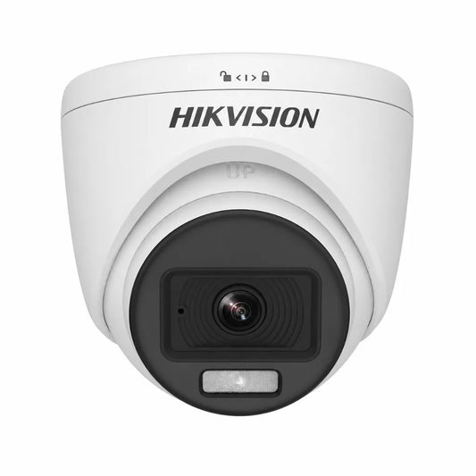 Front view of HIKVISION DS-2CE70DF0T-PFS 2MP ColorVu indoor fixed turret CCTV camera with full-color surveillance.