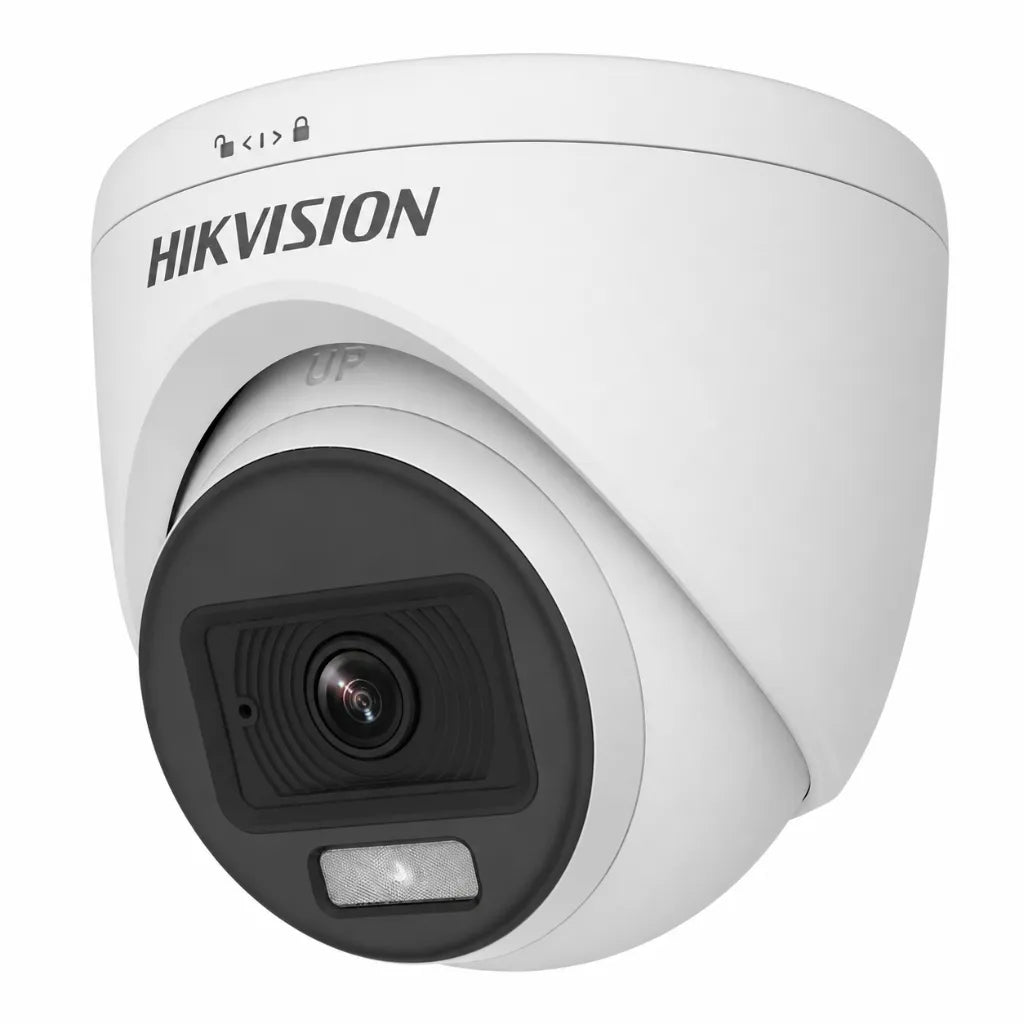 Left angle view of HIKVISION DS-2CE70DF0T-PFS 2MP ColorVu indoor turret security camera with Full HD imaging and white light.