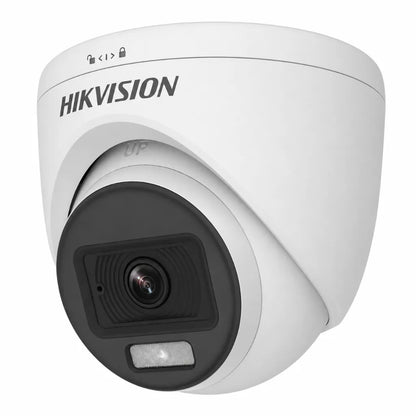 Left angle view of HIKVISION DS-2CE70DF0T-PFS 2MP ColorVu indoor turret security camera with Full HD imaging and white light.