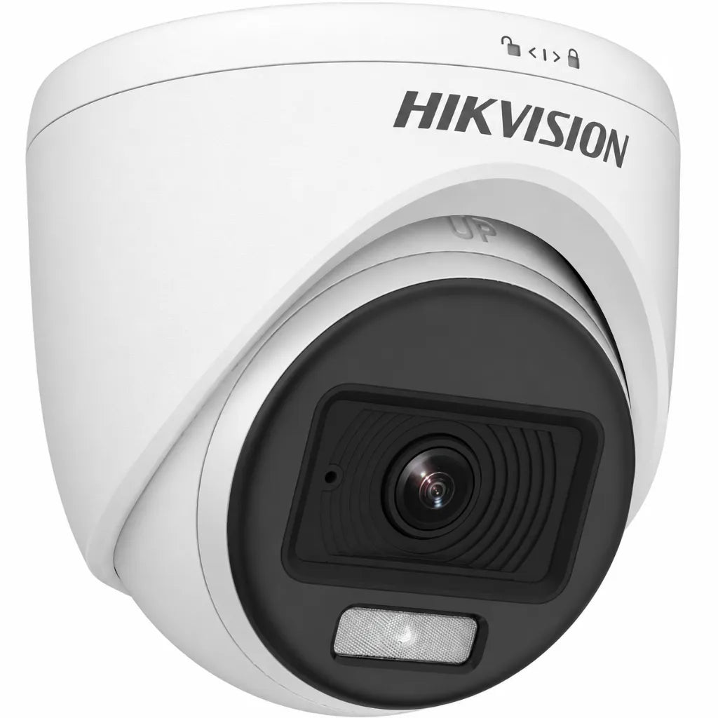 Right angle view of HIKVISION DS-2CE70DF0T-PFS 2MP ColorVu indoor turret camera with integrated white light and HD lens.