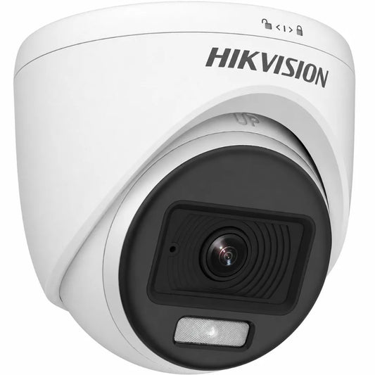 Right angle view of HIKVISION DS-2CE70DF0T-PFS 2MP ColorVu indoor turret camera with integrated white light and HD lens.