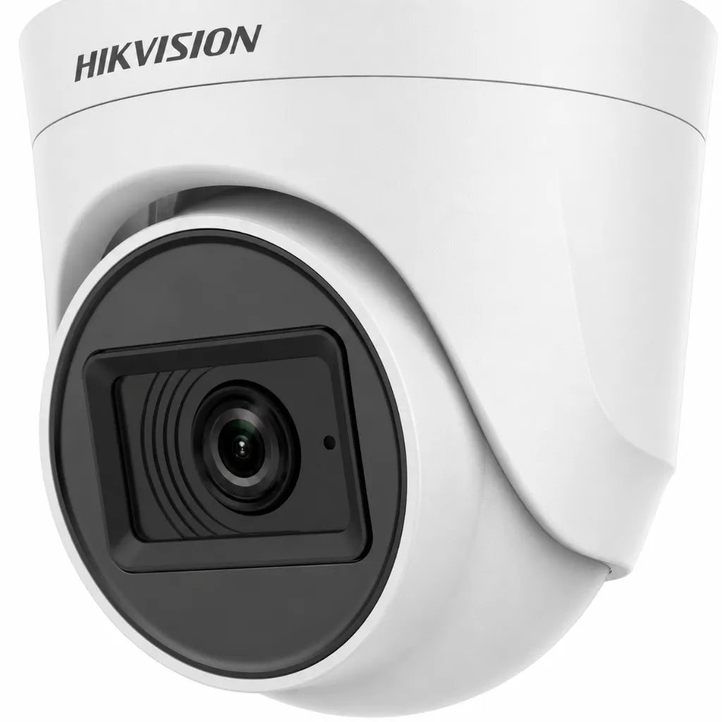 Close-up of HIKVISION DS-2CE76D0T-ITPFS 2MP Audio Turret Camera showing 2.8mm lens and built-in microphone