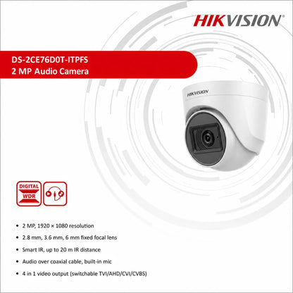 HIKVISION DS-2CE76D0T-ITPFS 2MP Audio Turret Camera feature banner showing Full HD resolution, Smart IR, built-in microphone and 4-in-1 video output
