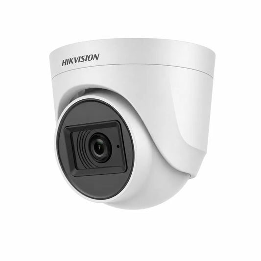 HIKVISION DS-2CE76D0T-ITPFS 2MP Audio Turret CCTV Camera 2.8mm front left angle with built-in microphone