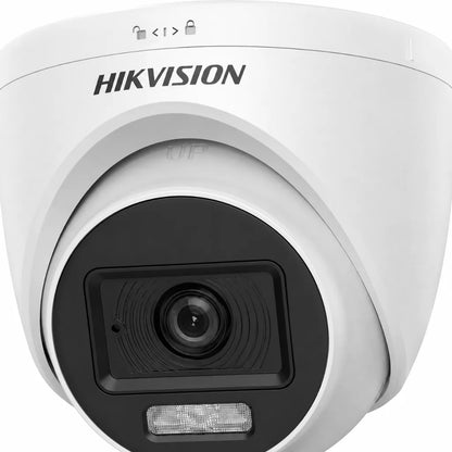 Close-up of Hikvision DS-2CE76D0T-LPFS 2MP Dual Light Audio Fixed Turret Camera with Full HD lens and dual light module.