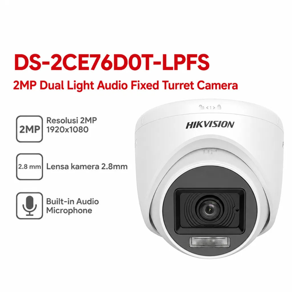 Hikvision DS-2CE76D0T-LPFS 2MP Dual Light Audio Fixed Turret Camera showing 1920×1080 resolution, 2.8 mm lens and built-in microphone.
