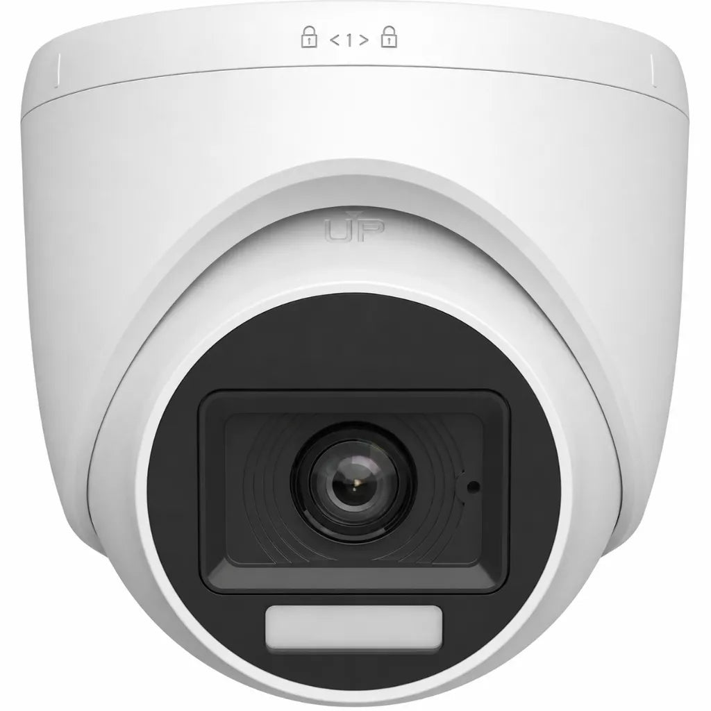 Hikvision DS-2CE76D0T-LPFS 2MP Dual Light Audio Fixed Turret Camera front view with built-in microphone and Full HD lens.