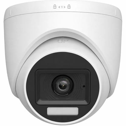 Hikvision DS-2CE76D0T-LPFS 2MP Dual Light Audio Fixed Turret Camera front view with built-in microphone and Full HD lens.
