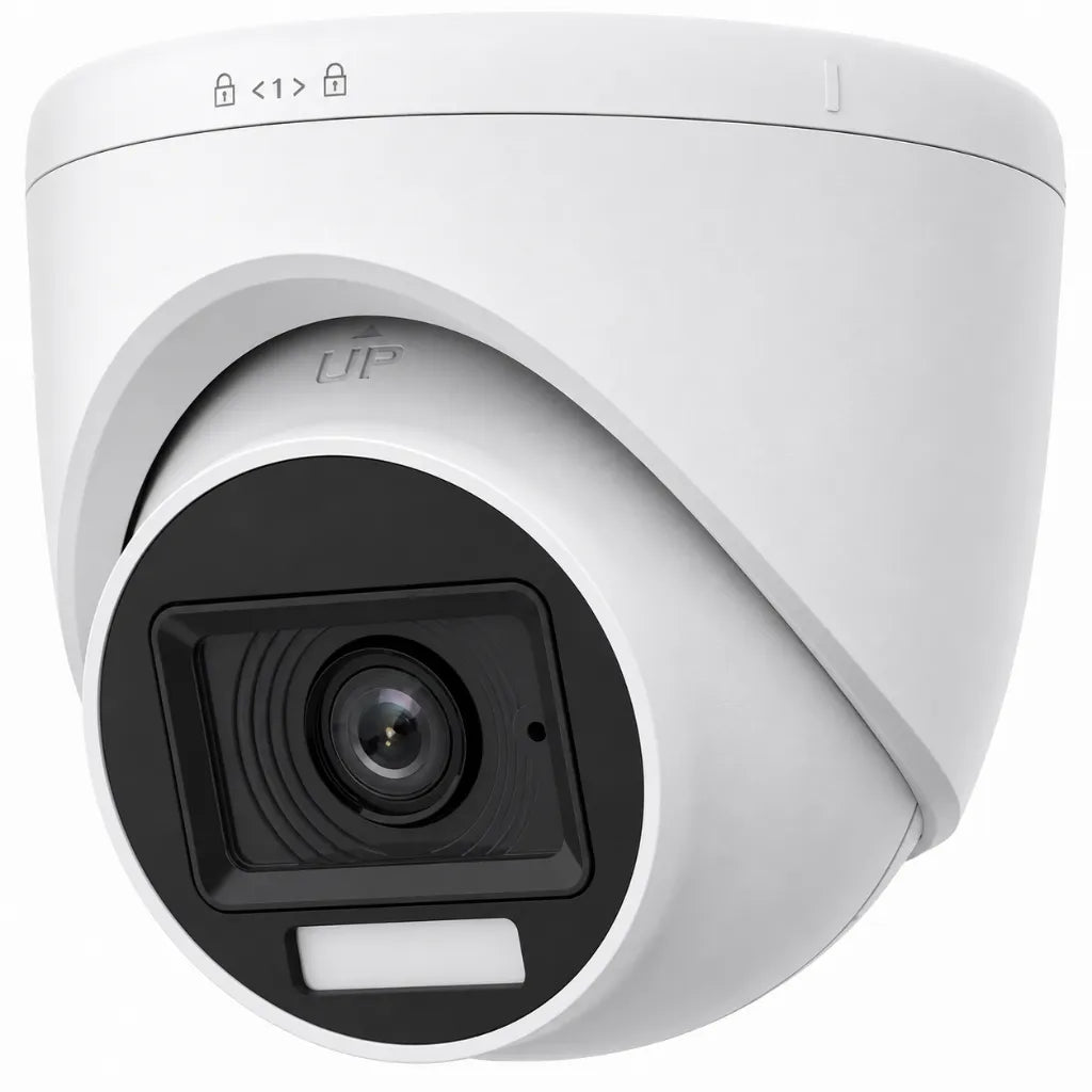 Left angle view of Hikvision DS-2CE76D0T-LPFS 2MP Dual Light Audio Fixed Turret CCTV Camera for indoor and outdoor surveillance.