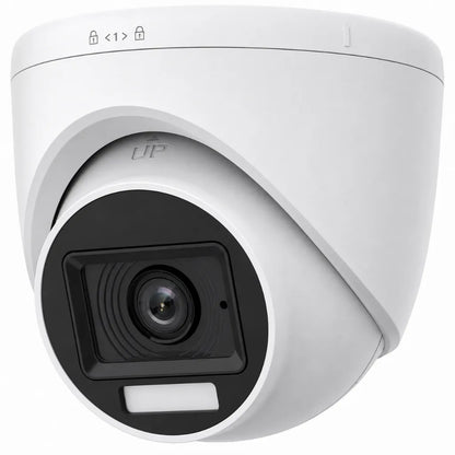 Left angle view of Hikvision DS-2CE76D0T-LPFS 2MP Dual Light Audio Fixed Turret CCTV Camera for indoor and outdoor surveillance.