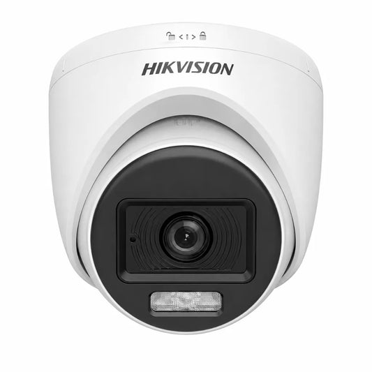 Hikvision DS-2CE76D0T-LPFS 2MP Dual Light Audio Fixed Turret Camera featuring Full HD imaging and built-in audio.