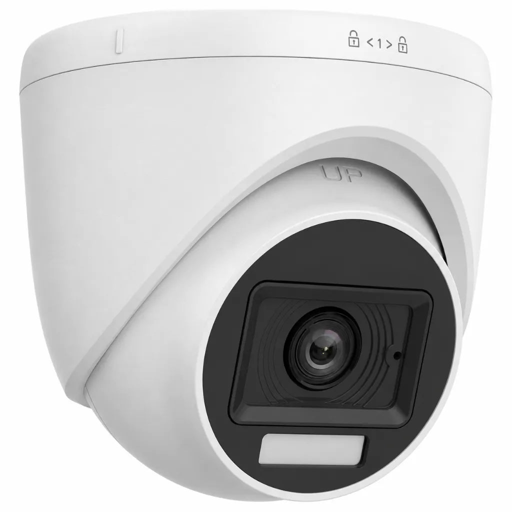 Right angle view of Hikvision DS-2CE76D0T-LPFS 2MP Full HD dual light turret security camera with integrated microphone.